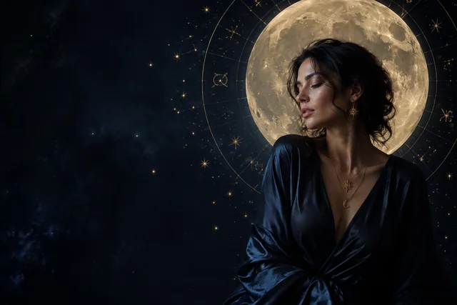A celestial portrait beneath a golden moon and zodiac chart