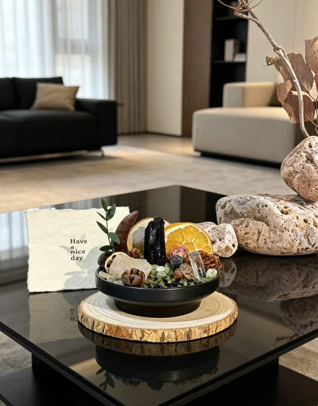 A dark crystal bowl on a coffee table in a quiet living room