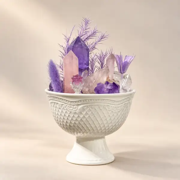 Violet Reverie Crystal Chalice on a warm ivory background