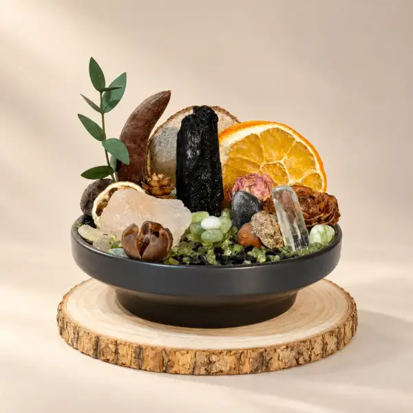 Obsidian Serenity Crystal Bowl on a warm ivory background