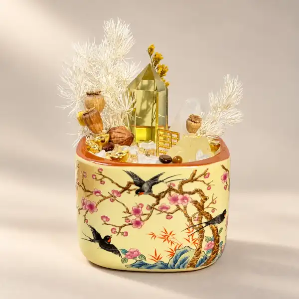 Spring Blessing Crystal Treasure Pot on a warm ivory background