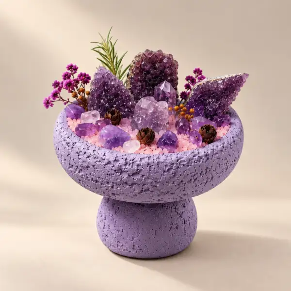 Violet Aura Crystal Pedestal on a warm ivory background