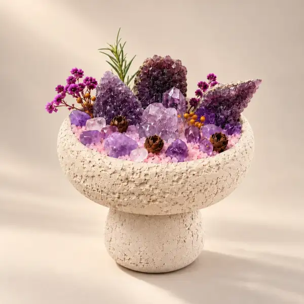 Ivory Violet Crystal Pedestal on a warm ivory background