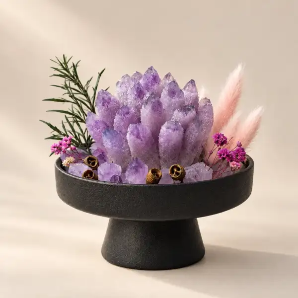 Violet Feather Crystal Garden on a warm ivory background