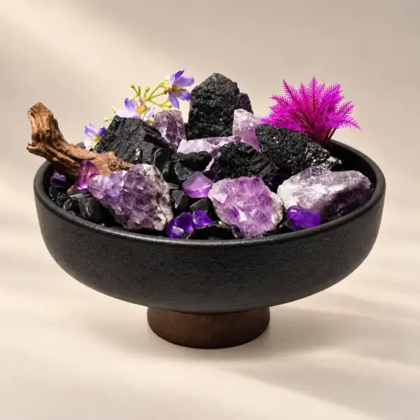 Violet Mountain Crystal Bowl on a warm ivory background