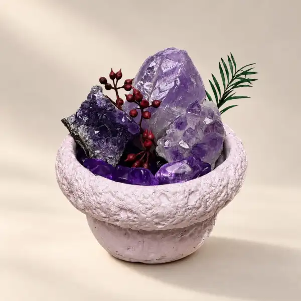 Violet Tea Garden Crystal Bowl on a warm ivory background